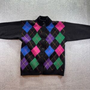 Vtg 90s Lambswool Argyle Mock Neck Womens L Cardigan Sweater DD Sloane